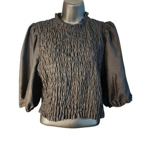 H&M Divided Black Smocked Puff Sleeve Blouse Ruffle Neck Top Large